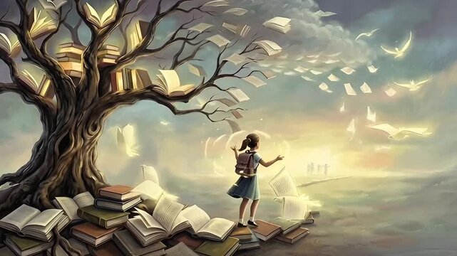 young girl walking across floating books toward the horizon, with a magical tree growing books instead of leaves, symbolizing education, imagination, knowledge, learning journey, creativity