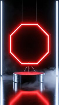 Futuristic neon red octagonal signs illuminated against a smoky dark background with reflections for a modern sci-fi aesthetic