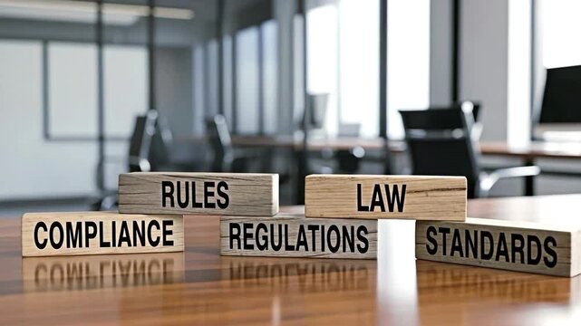 Wooden blocks with words about Rules, Compliance, Regulations, Law, and Standards for the concept of law and regulation.