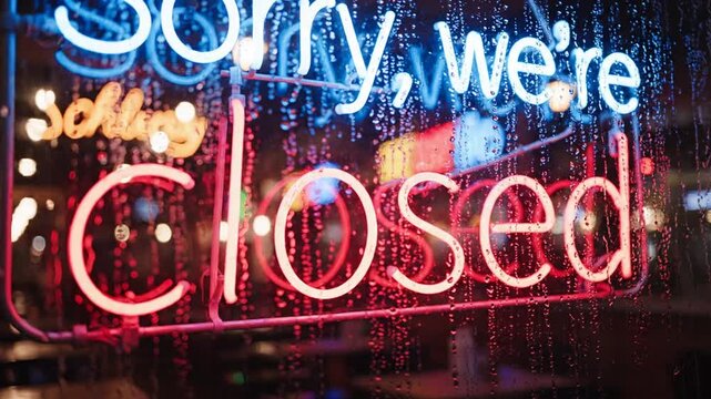 Neon sign displaying Sorry We're Closed at night in the rain with reflections