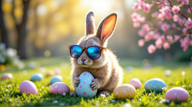 Conejito de pascua marr&oacute;n, juguet&oacute;n y encantador, con gafas modernas sosteniendo huevo azul en exuberante prado verde con huevos de colores. Primavera, festivo, m&aacute;gico, alegre, alegr&iacute;a celebraci&oacute;n.