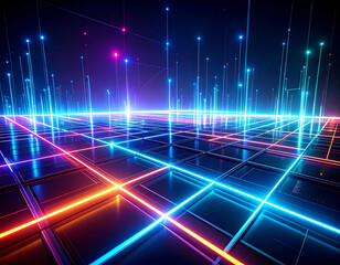 未来的なデジタルグリッドとネオンライトの背景 /Futuristic digital grid and neon light background