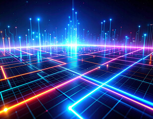 未来的なデジタルグリッドとネオンライトの背景 /Futuristic digital grid and neon light background