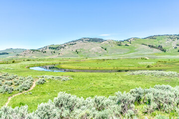 Obraz premium A grassy field with a river running through it