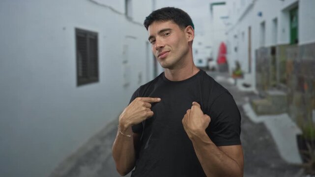 Man pointing both index fingers to his chest against white building walls in a narrow street alley; confidence.