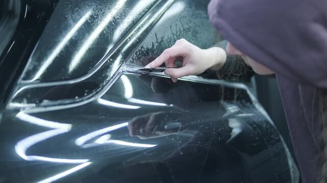 Professional detailer installing Paint Protection Film (PPF) on car B-pillar. Close-up of hands using squeegee and knife to apply transparent anti-gravel vinyl.