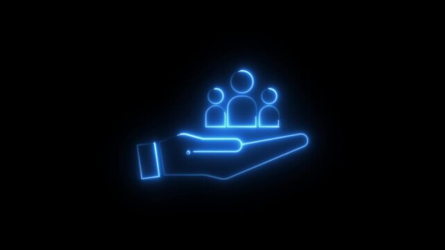Glowing neon line icon of a hand holding a group of people (men) symbol, representing community support, teamwork, customer care, human resources, protection, and people management.