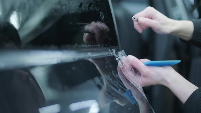 Professional detailer installing Paint Protection Film (PPF) on car B-pillar. Close-up of hands using squeegee and knife to apply transparent anti-gravel vinyl.