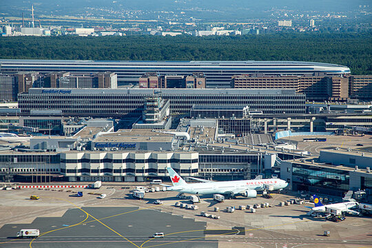 aerial of Air Canada jet  at gate ready for embarking at Frankfurt international airport.