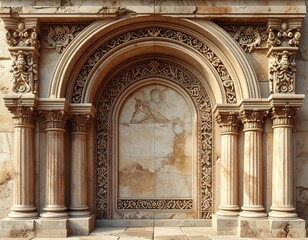 Ornate archway with carved relief, flanked by columns, intricate details, and aged stone