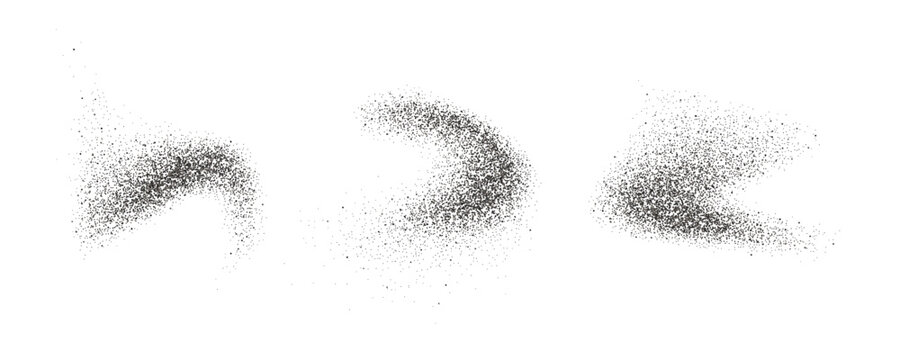 Black pepper powder splashes. Flying seasoning particles burst. Grey dust sand and dirt textured piles. Dry spices explosion. Salt and pepper flakes scattered on surface. Vector illustration