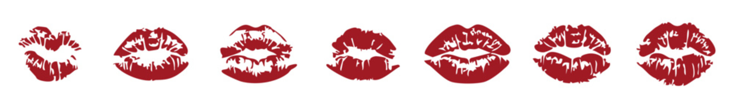 Set of elegant burgundy and dark red lipstick kiss prints. Sexy lip marks for Valentine's day, glamour branding, and beauty industry projects. Romantic and feminine cosmetic stamps. 