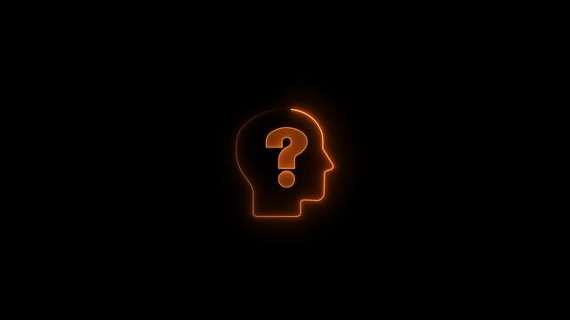 Glowing neon line icon of a man silhouette with a question mark inside, symbolizing doubt, inquiry, confusion, help, support, unknown identity, and problem solving. Clean neon outline