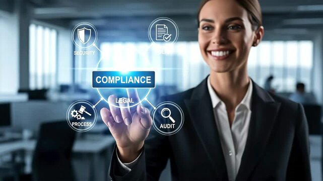 Business woman pointing the compliance icon for the concept of law and regulations.
