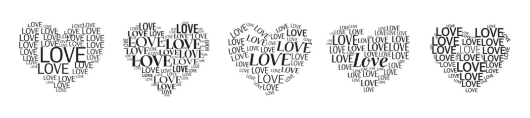 Obraz premium Black and white word cloud design in heart shapes composed entirely of the word 