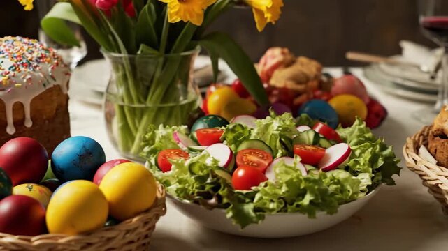 Traditional Easter table with cake, ham and colorful eggs - family celebration
