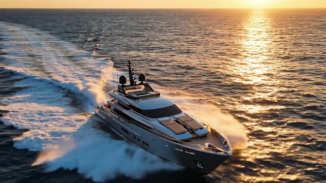 High-Speed Cinematic Yacht Navigation during Sunset with Deep Blue Water Wakes
