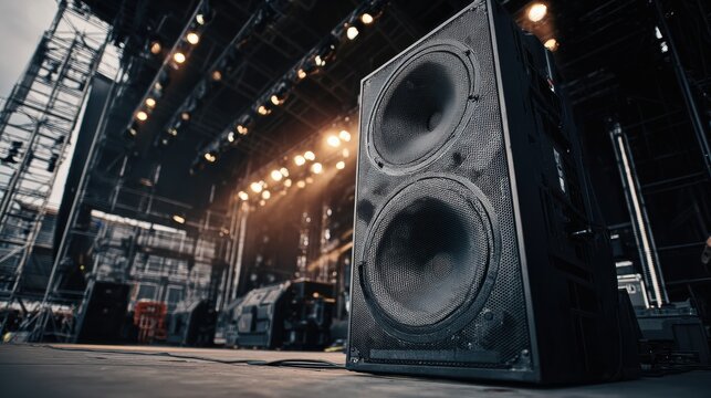 Large PA Speakers Set up on Stage for Live Event Production With Industrial Design at an Outdoor Venue in the Evening Hours