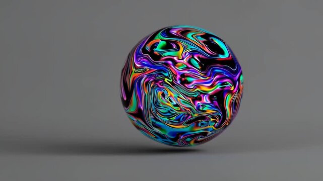 Colorful swirling ball rotates showing bright patterns and designs in a simple gray background