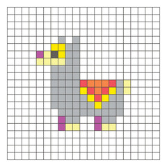 Obraz premium A flat pixel design made of geometric square color blocks on a clean grid layout. Pixel art llama