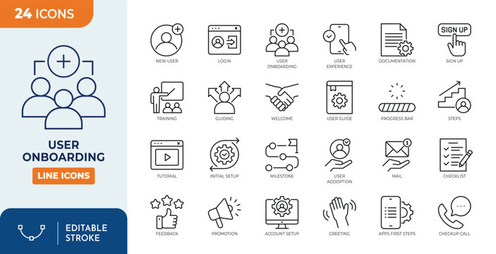 User Onboarding line editable icon set. Contain icons related to account setup, login, tutorial, user guide, and more. Editable stroke. Vector illustration