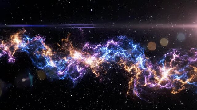 A vibrant, cosmic scene with electric blue, purple, and orange lightning-like streaks against a starry black background