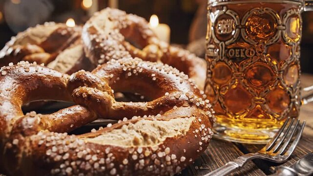 Close-up of a pretzel and beer stein, salt crystals, candles, with silverware, on a wooden table