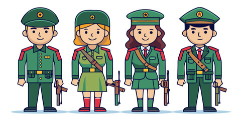 Naklejka premium Vector flat illustration set of line art female and male military soldiers in uniform poses