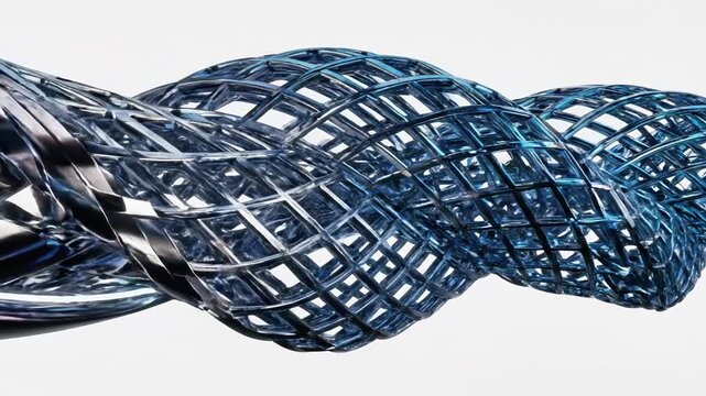 A futuristic, abstract sculpture with a metallic blue and purple color scheme, featuring curved and lattice-like structures