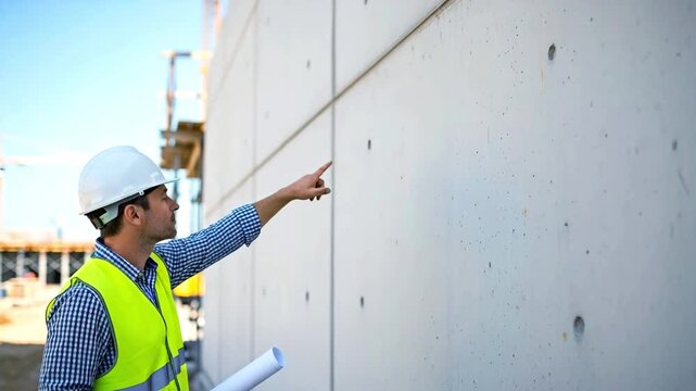 An engineer examining a construction facade for the concept of industry inspection and quality control.
