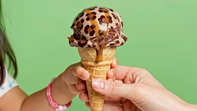 Hand holding child ice cream cone with animal pattern dessert concept