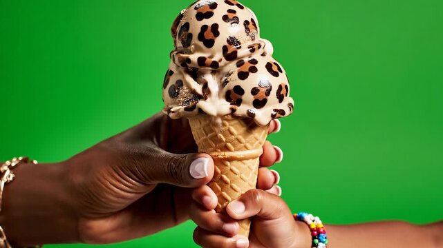 Hand holding child ice cream cone with animal pattern dessert concept