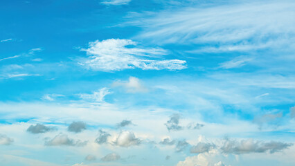 Fototapeta premium Bright blue sky with wispy white clouds over Yogyakarta, beautiful clear day landscape background
