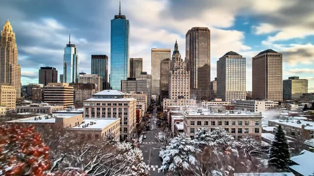 Aerial view of a city skyline with autumn foliage and skyscrapers