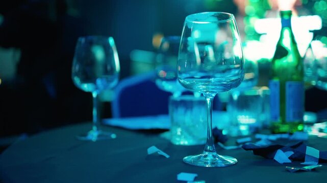 Unoccupied table with neon lights, Unattended setting featuring glowing lights and broken glass pieces