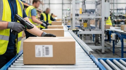 Worker scanning barcode on package at conveyor belt in warehouse. Logistics and delivery service operations concept.