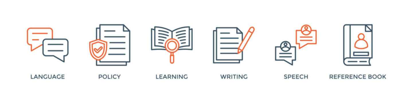 Grammar banner web icon vector illustration concept for languange education with icon of communication, policy, learning, writing, speech, and reference book