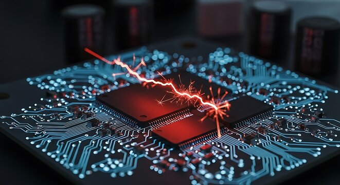 Electricity Flowing Through Microchip Circuit Board.