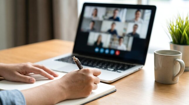 Woman making notes during video conference with team. Remote work concept for online meeting and distant communication. Virtual learning and education.