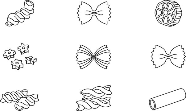Italian Pasta Line Icon Set With Farfalle Fusilli Rotelle Penne Macaroni And Traditional Mediterranean Flour Based Food Illustrations