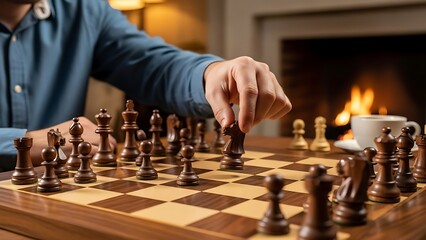 Man Playing Chess by the Fireplace.