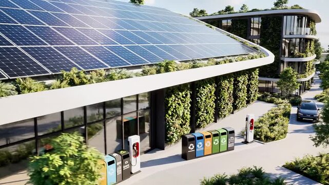 A modern building with solar panels on its roof surrounded by lush greenery and recycling bins