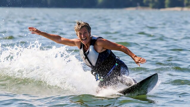 An energetic action shot of an older woman (60s+) with grey hair, laughing while learning to e-foil (electric hydrofoil surfboard) on a lake.