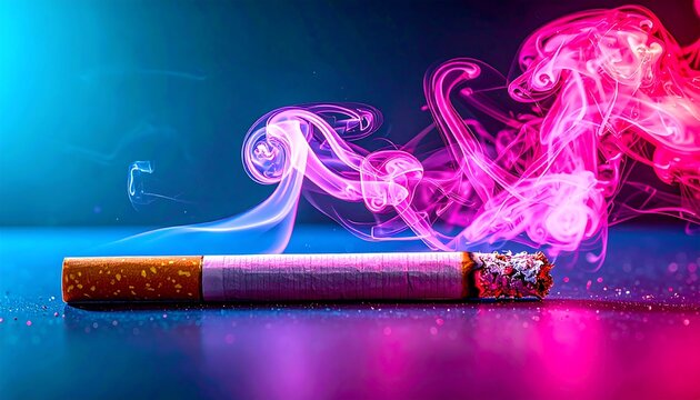 Lit Cigarette on Neon Surface with Colorful Smoke Swirls Under Blue and Pink Lighting. AI Generative