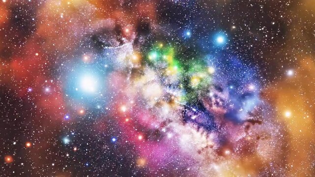 A vibrant galaxy scene with a bright central light surrounded by swirling clouds of orange, red, and purple gas and dust, set against a starry night sky