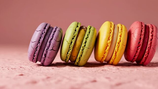 Colorful macarons gently drifting apart and together minimalist food concept