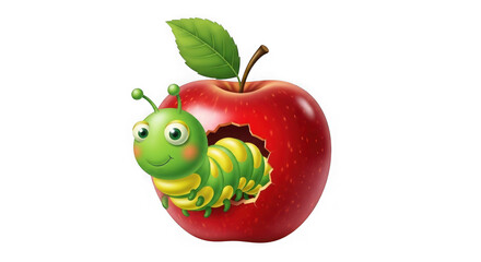 Cartoon worm eating red apple on transparent background isolated
