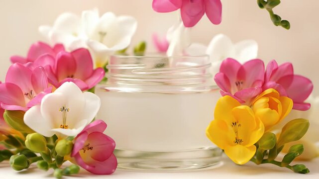 Elegant Display of Freesia Flowers Surrounding a Glass Jar with White Cream Product in a Softly Lit Studio Environment