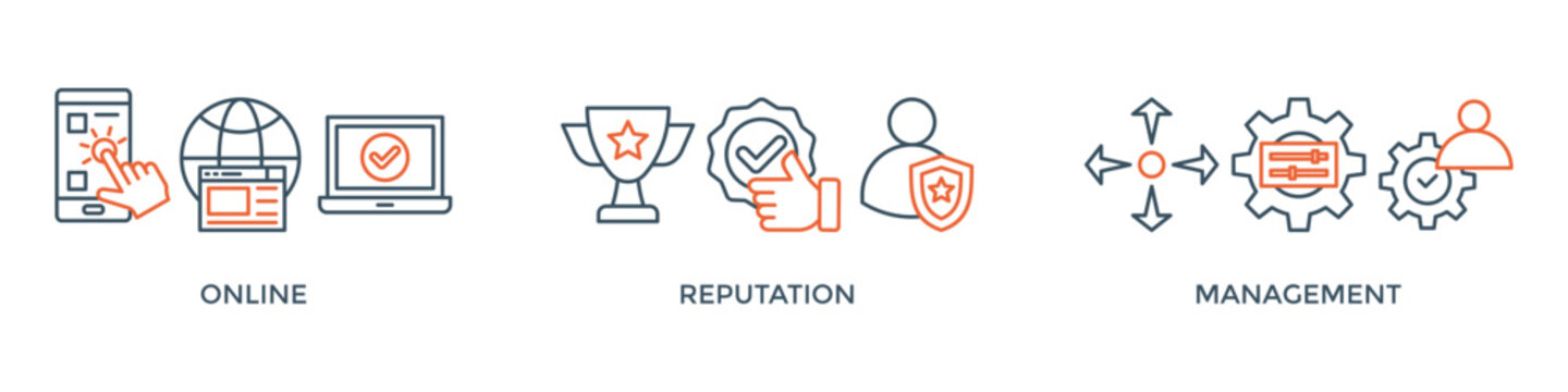 ORM banner web icon vector illustration concept for online reputation management with icon of internet, browser, winner, trust, favorite, and business