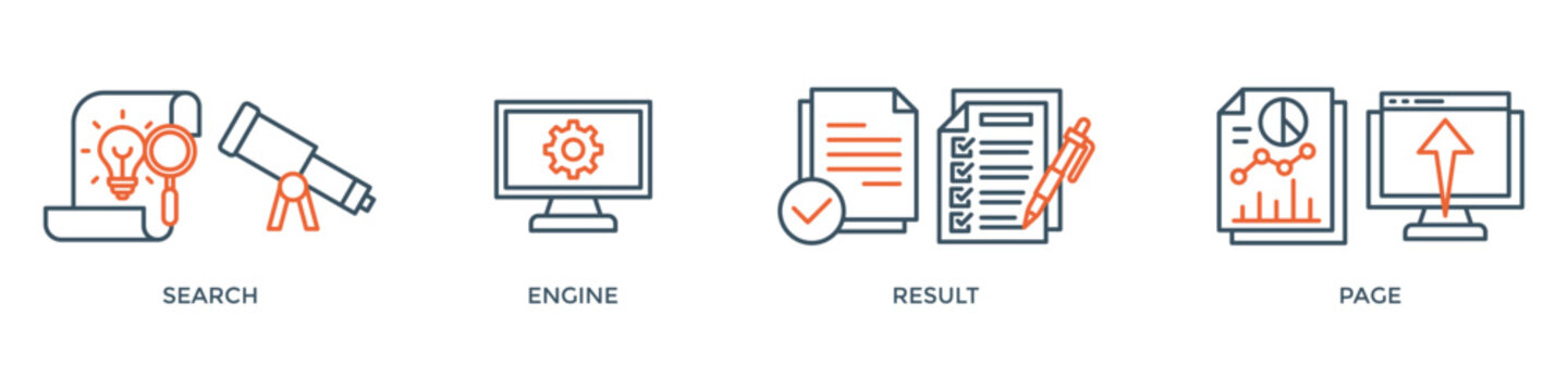 SERP banner web icon vector illustration concept for search engine result page with icon of web search, computer, search engine, mobile search, page result, and statistics graph